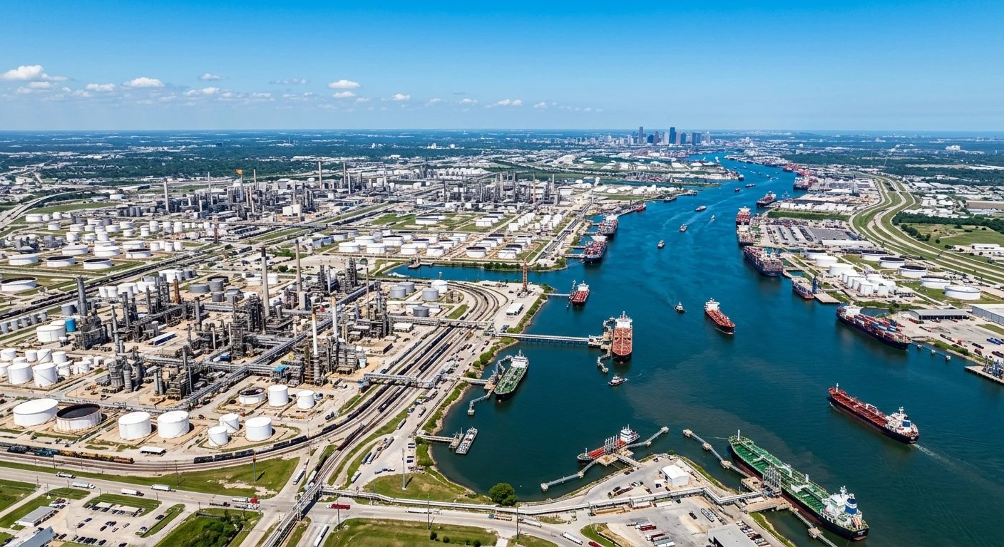 Modern industrial skyline of Houston Texas showing energy infrastructure